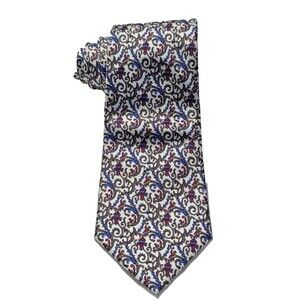 Christian Dior Tie Mens Silk White Blue Red Black Floral Scroll Pattern Made USA